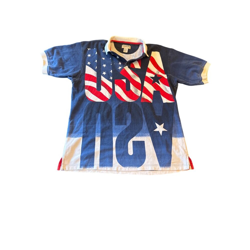 Vintage 80s Cotton Traders USA‎ Polo Shirt L Patriotic American Flag Olympic